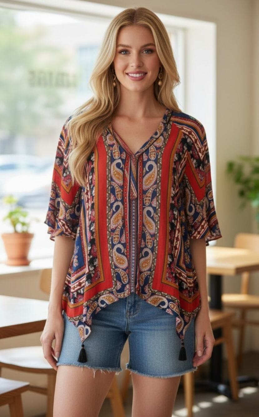 DEMOCRACY TOP WOMENS PLUS SIZE 2X POPOVER PAISLEY FLORAL PRINT BOHO BLOUSE MULTI